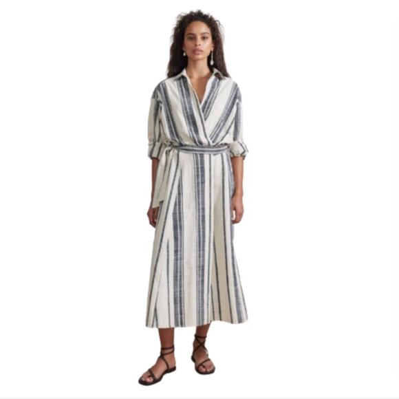 Apiece Apart Gabriela Wrap Dress Womens 2X Cream Blue Stripe Tie Waist Cotton - Picture 1 of 12